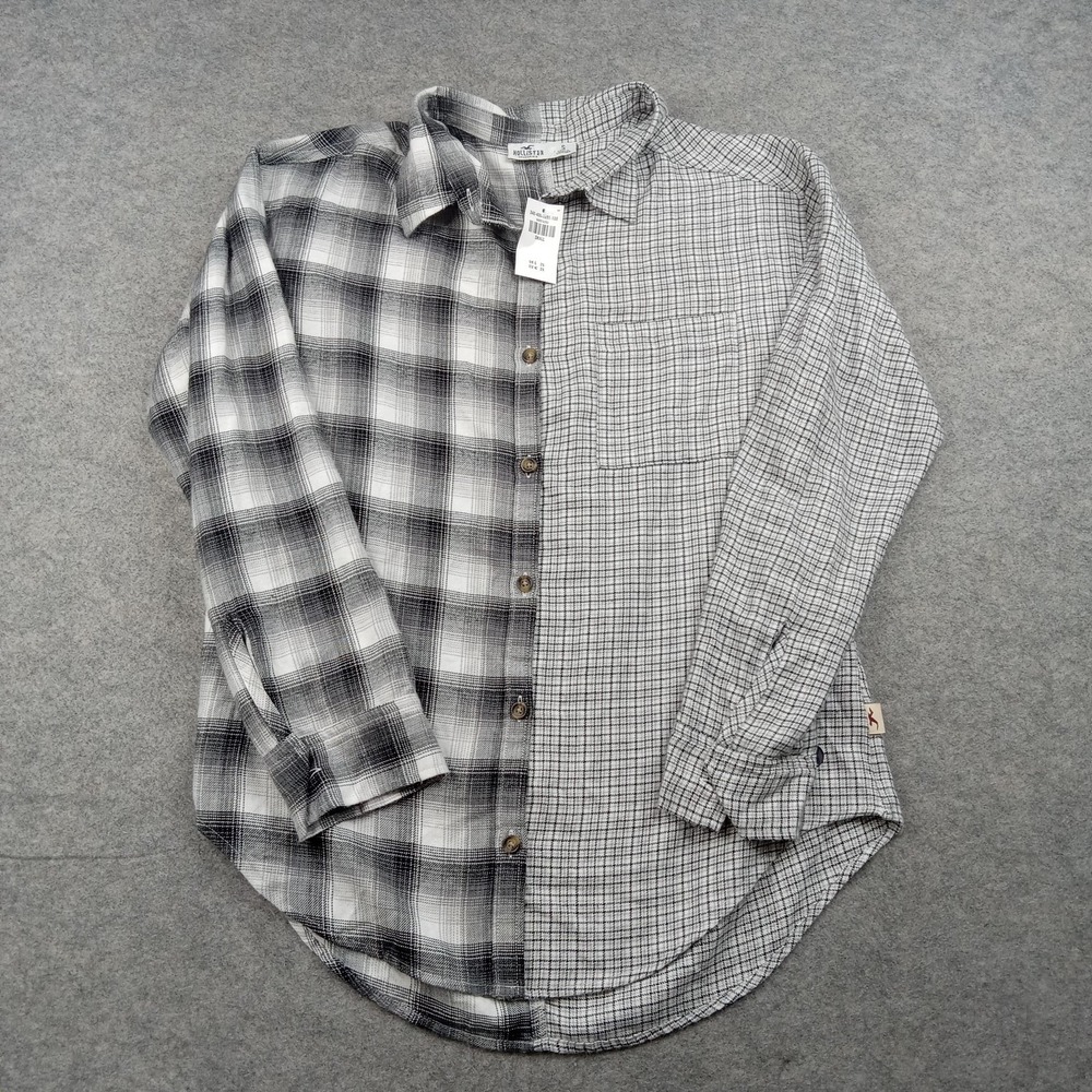 Hollister Shirt Mens Small Gray Plaid Patchwork Button Front Long‎ Sleeve Casual